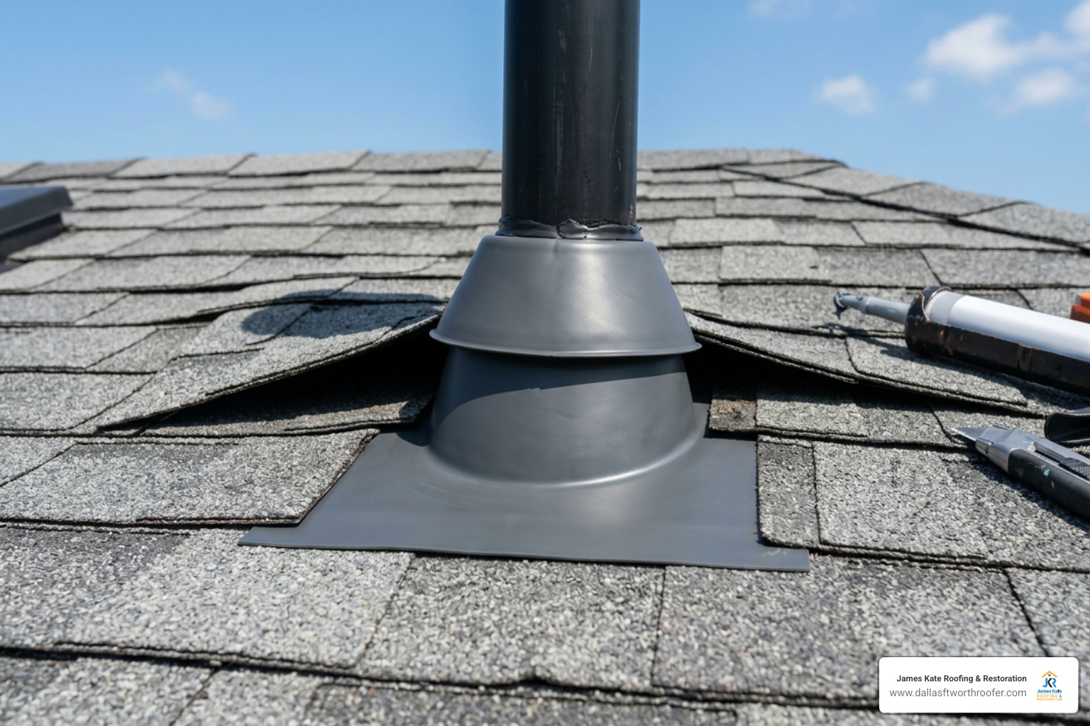 Plumbing vent boot flashing installation on an asphalt shingle roof Plumbing vent boot flashing installation on an asphalt shingle roof