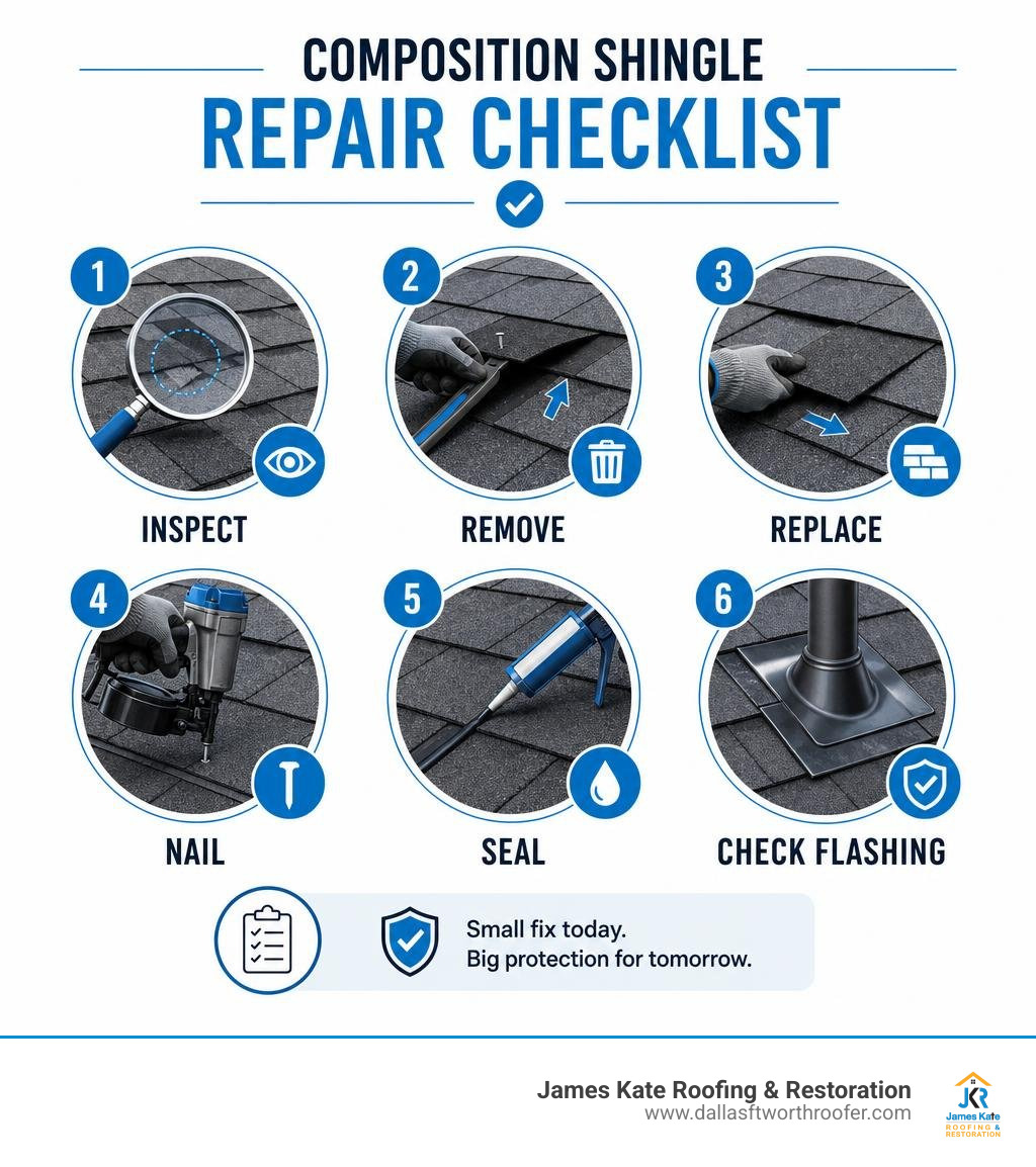 Composition shingle repair checklist: inspect, remove, replace, nail, seal, check flashing infographic Composition shingle repair checklist: inspect, remove, replace, nail, seal, check flashing infographic