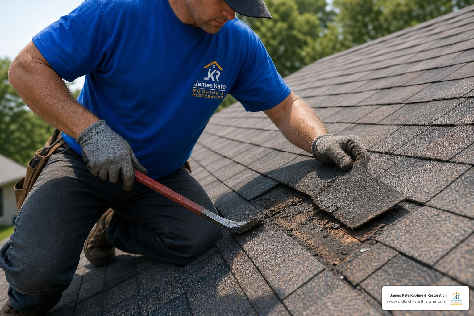 technician in royal blue James Kate shirt using a pry bar to remove damaged shingle technician in royal blue James Kate shirt using a pry bar to remove damaged shingle