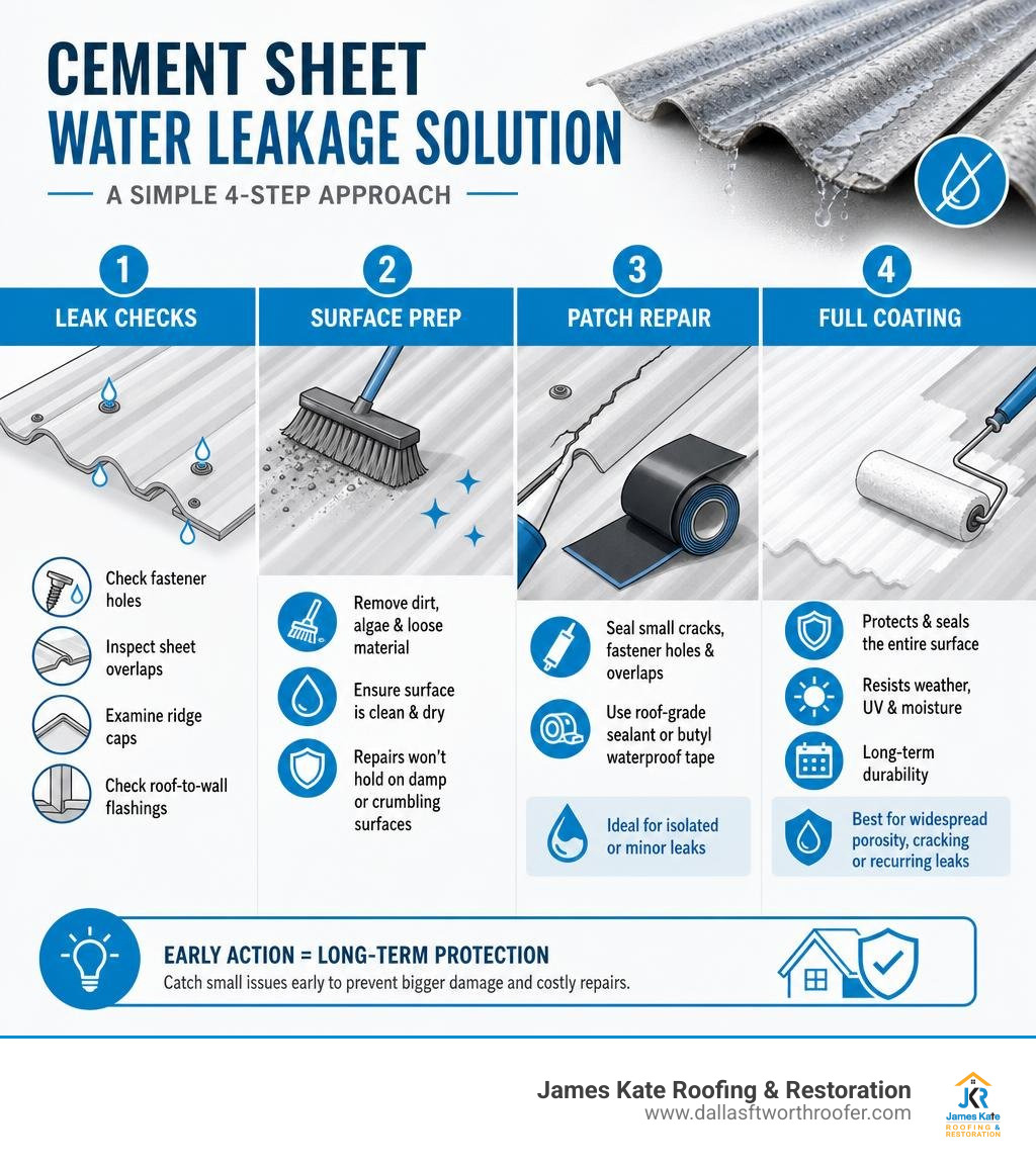 infographic showing cement sheet leak checks, surface prep, patch repair, and full coating options infographic infographic showing cement sheet leak checks, surface prep, patch repair, and full coating options infographic