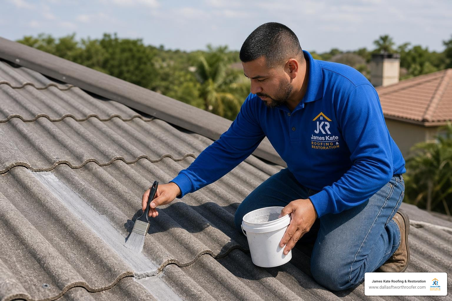 technician in blue shirt carefully preparing and sealing a corrugated cement roof seam technician in blue shirt carefully preparing and sealing a corrugated cement roof seam