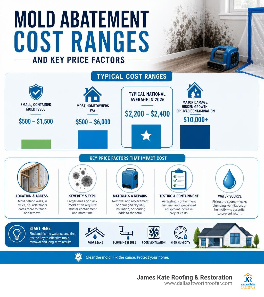 Mold abatement cost ranges and key price factors infographic Mold abatement cost ranges and key price factors infographic