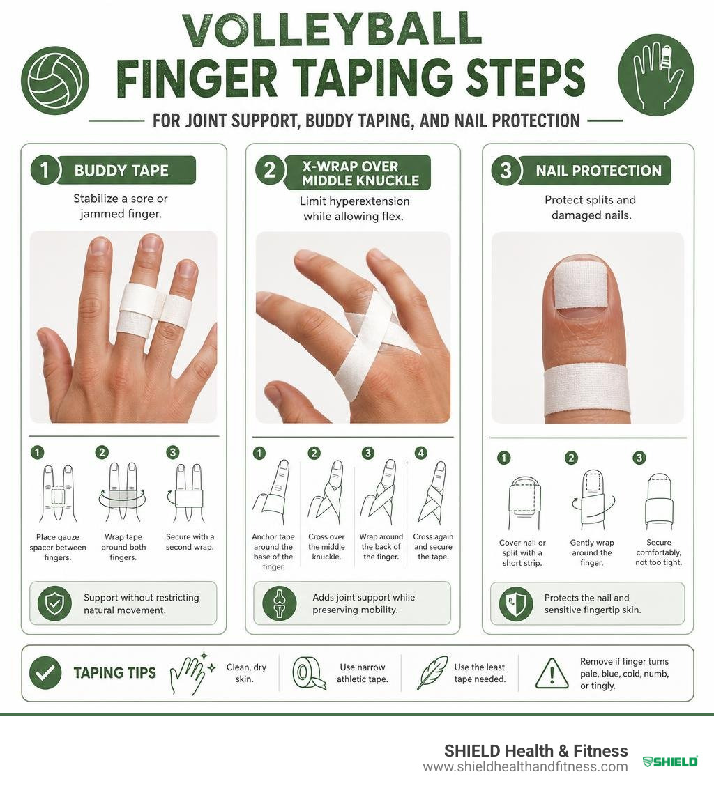 Volleyball finger taping steps for joint support, buddy taping, and nail protection infographic Volleyball finger taping steps for joint support, buddy taping, and nail protection infographic