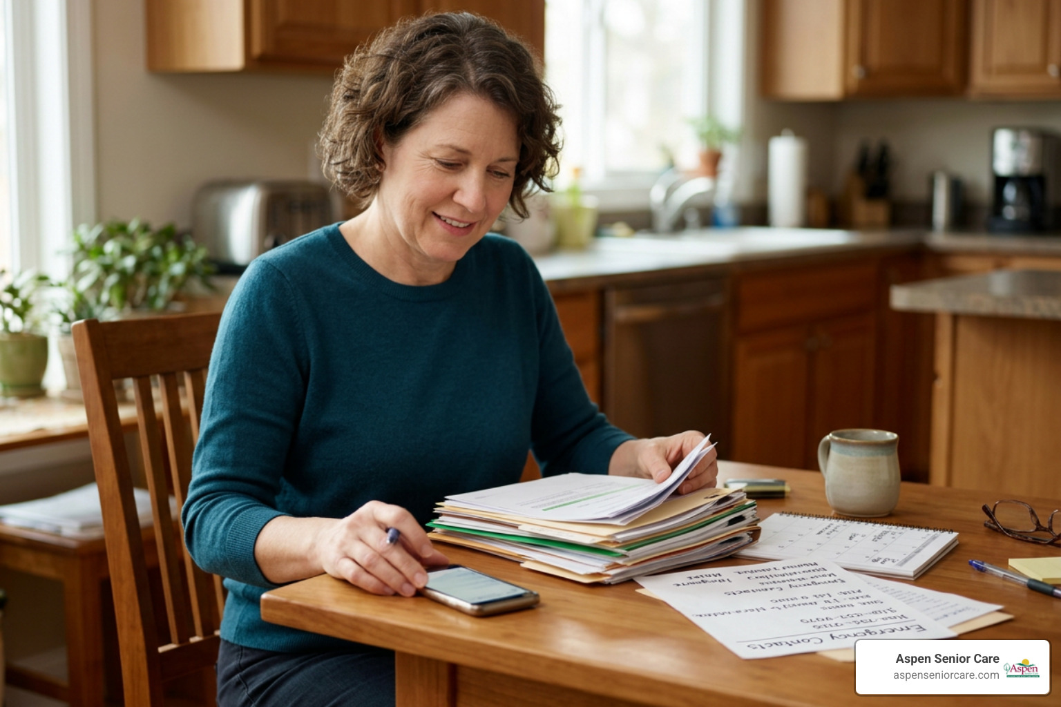 Caregiver coordinating emergency contacts and care plans