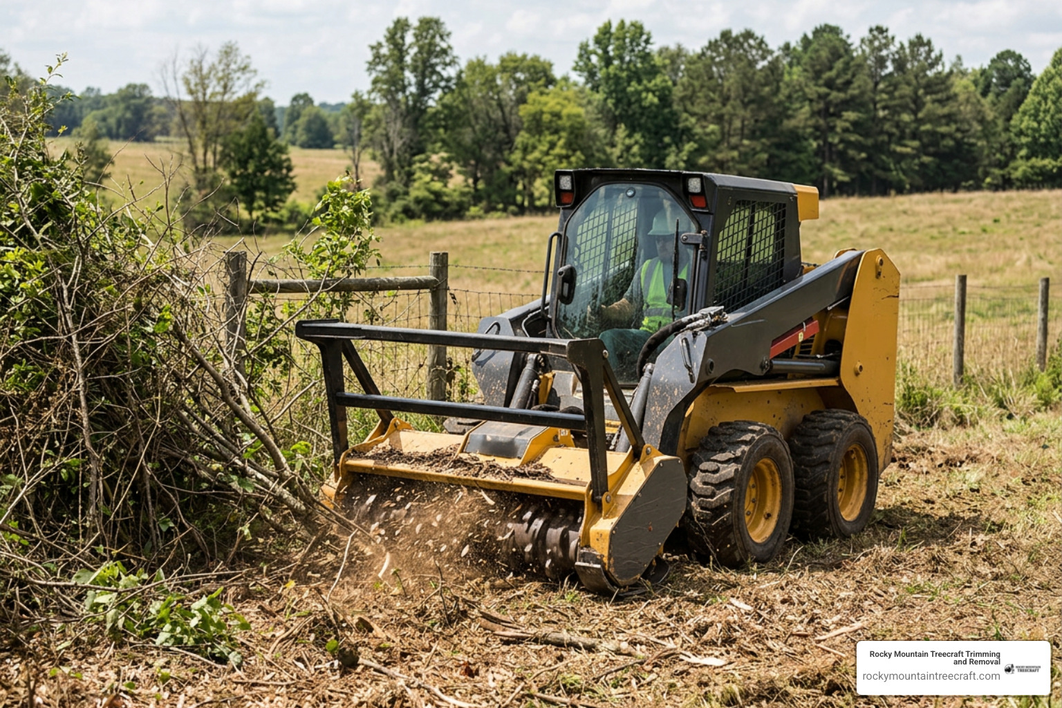 Skid steer with forestry mulcher processing fence line overgrowth Skid steer with forestry mulcher processing fence line overgrowth