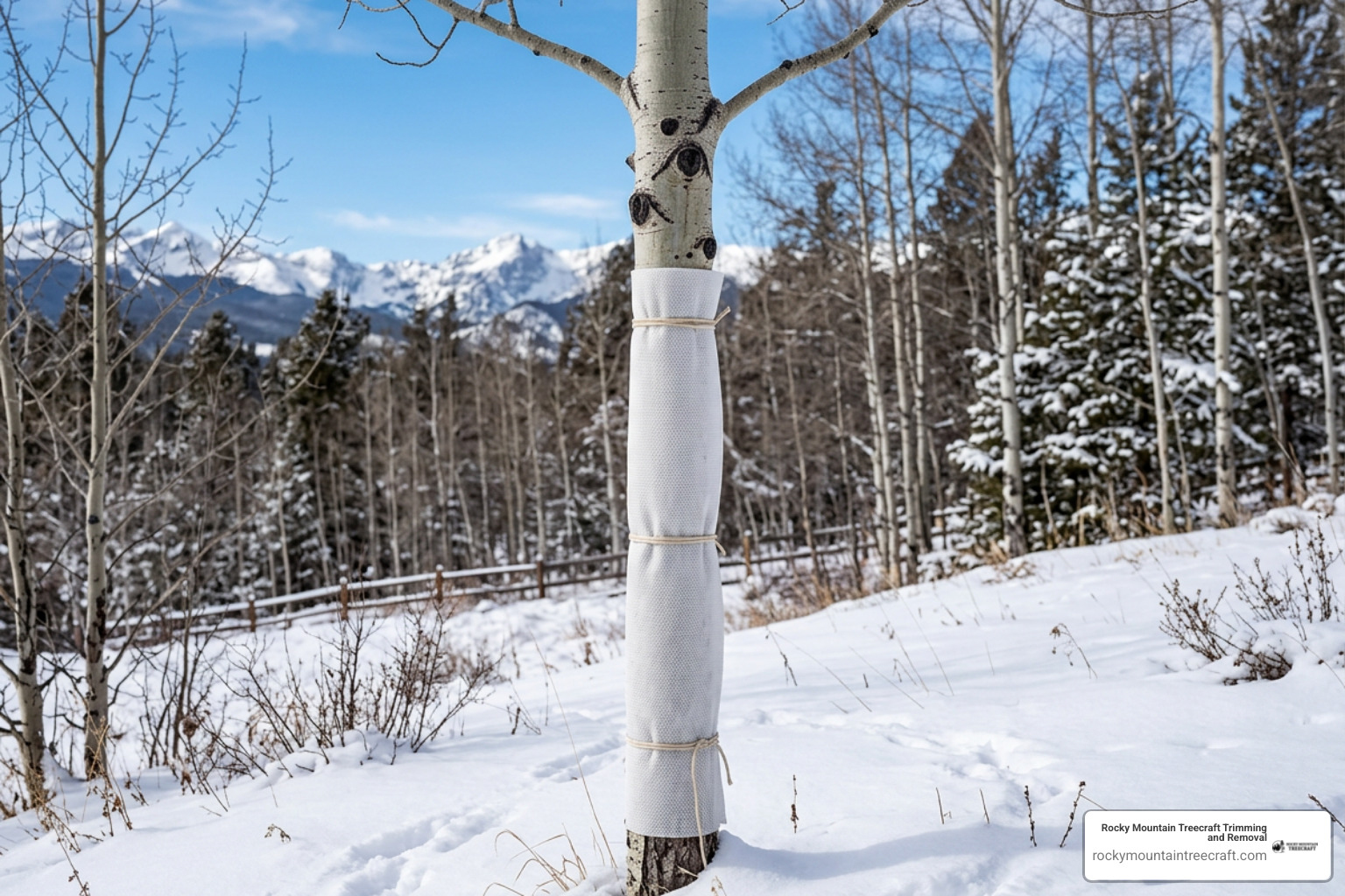 aspen trunk wrapped for winter protection against sunscald and frost cracks aspen trunk wrapped for winter protection against sunscald and frost cracks