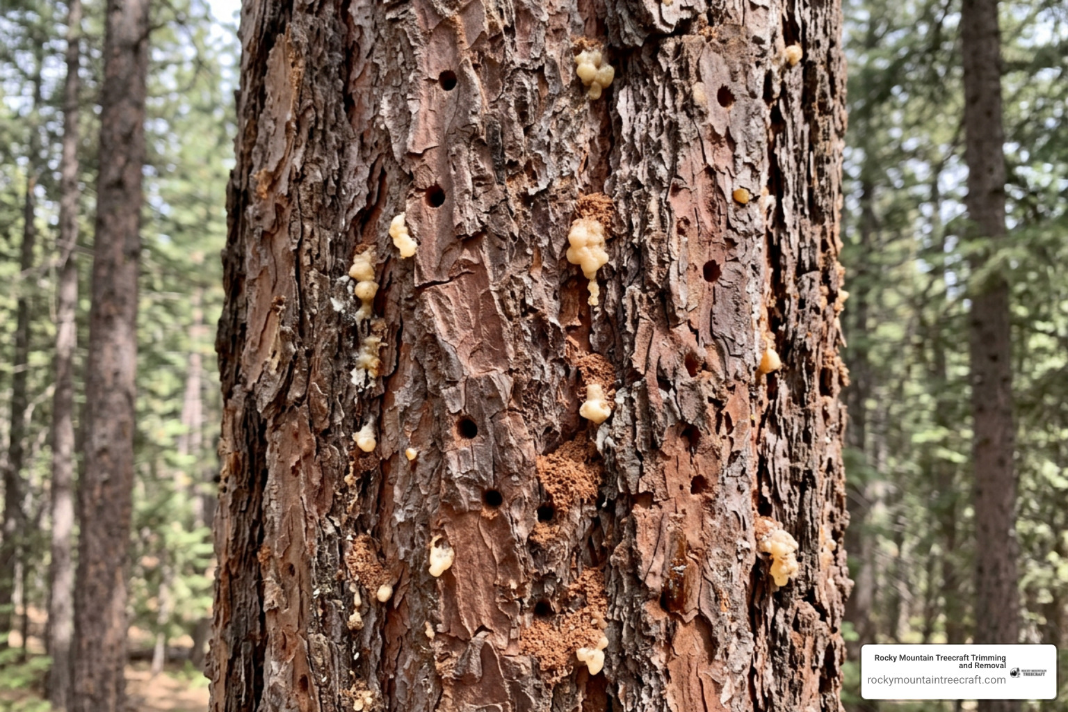 Pine tree bark beetle damage and pitch tube indicators Pine tree bark beetle damage and pitch tube indicators