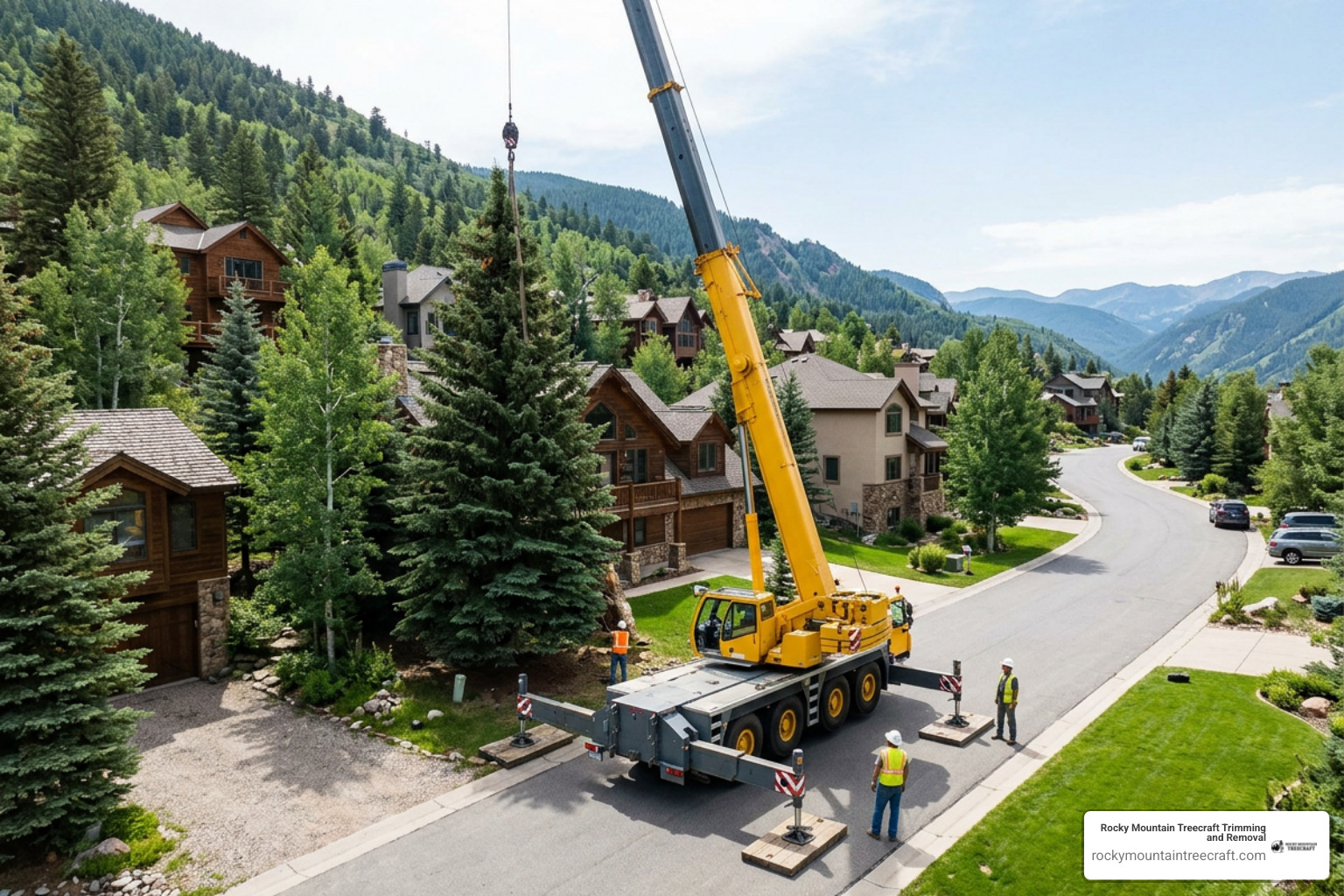 Crane setup in a mountain residential neighborhood Crane setup in a mountain residential neighborhood