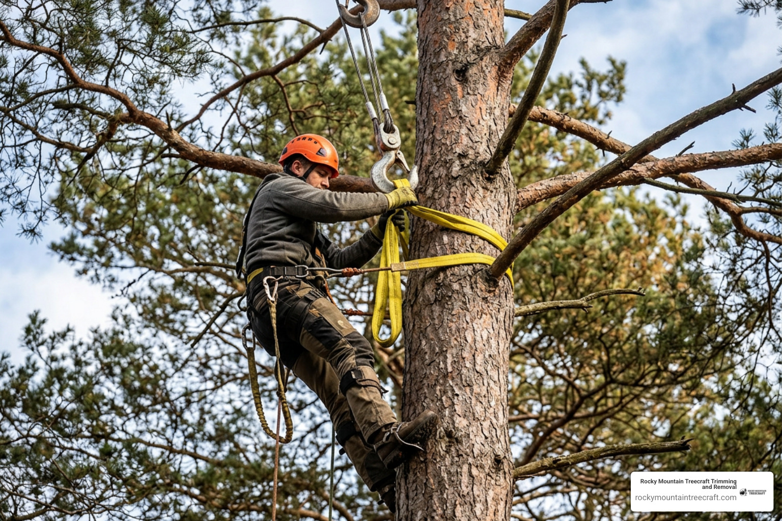 Tree climber securing crane chokers to a pine tree trunk Tree climber securing crane chokers to a pine tree trunk
