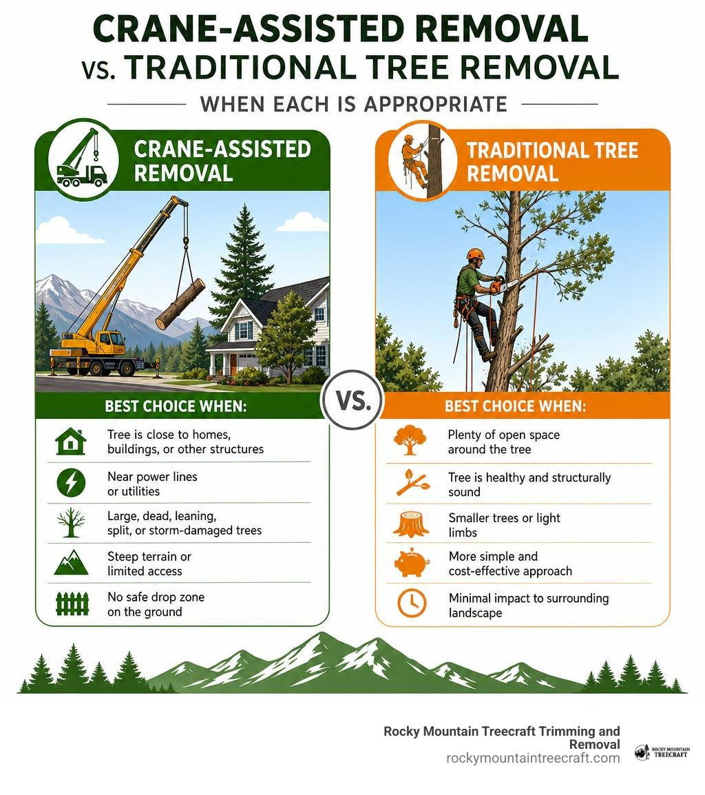 Infographic comparing when crane-assisted removal or traditional tree removal is appropriate infographic Infographic comparing when crane-assisted removal or traditional tree removal is appropriate infographic