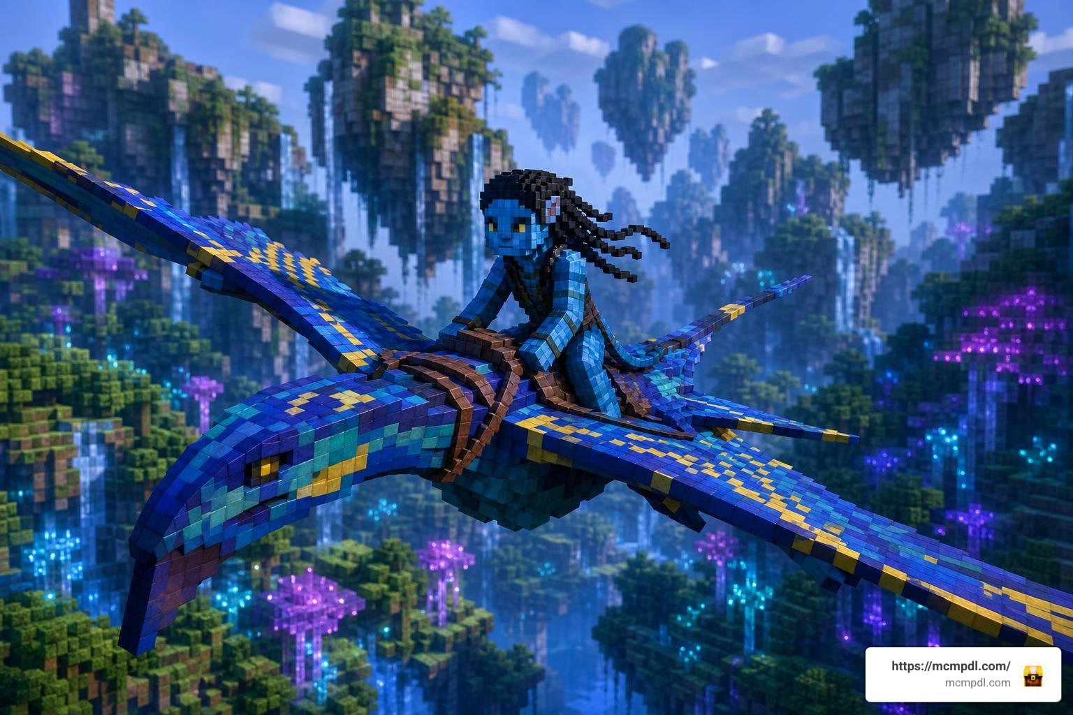 Na'vi character flying on an Ikran in Minecraft Bedrock