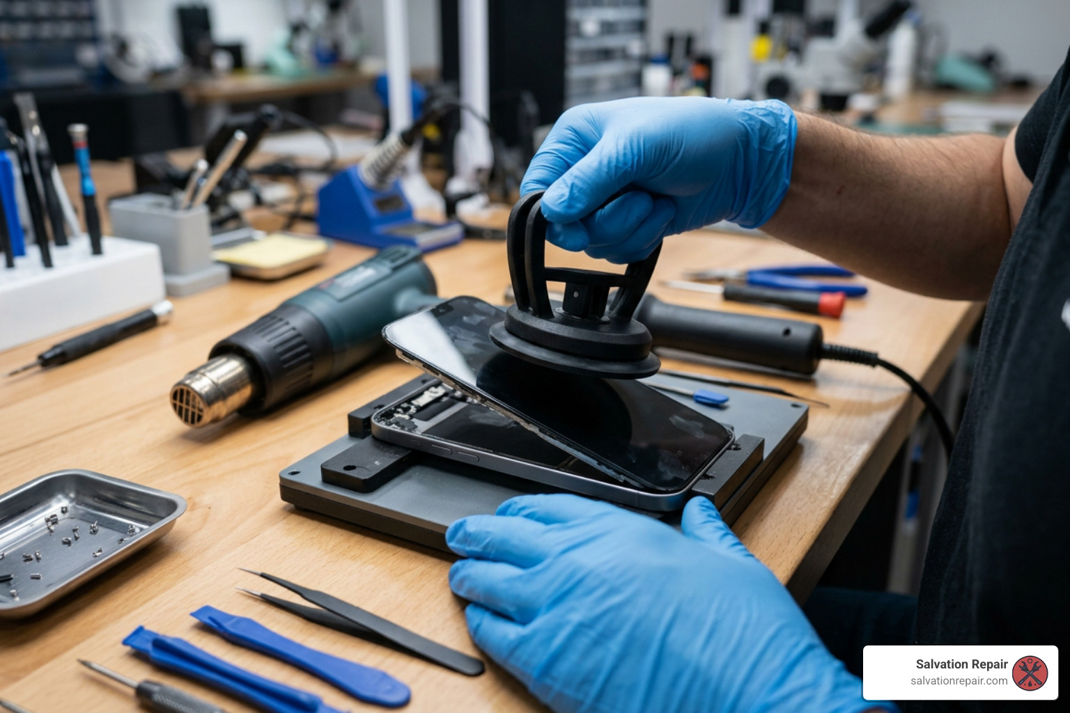 Separating the iPhone 15 Plus display from the aluminum frame using suction handle and heat gun Separating the iPhone 15 Plus display from the aluminum frame using suction handle and heat gun