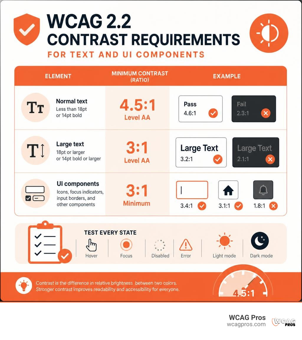WCAG 2.2 contrast requirements for text and UI components infographic WCAG 2.2 contrast requirements for text and UI components infographic
