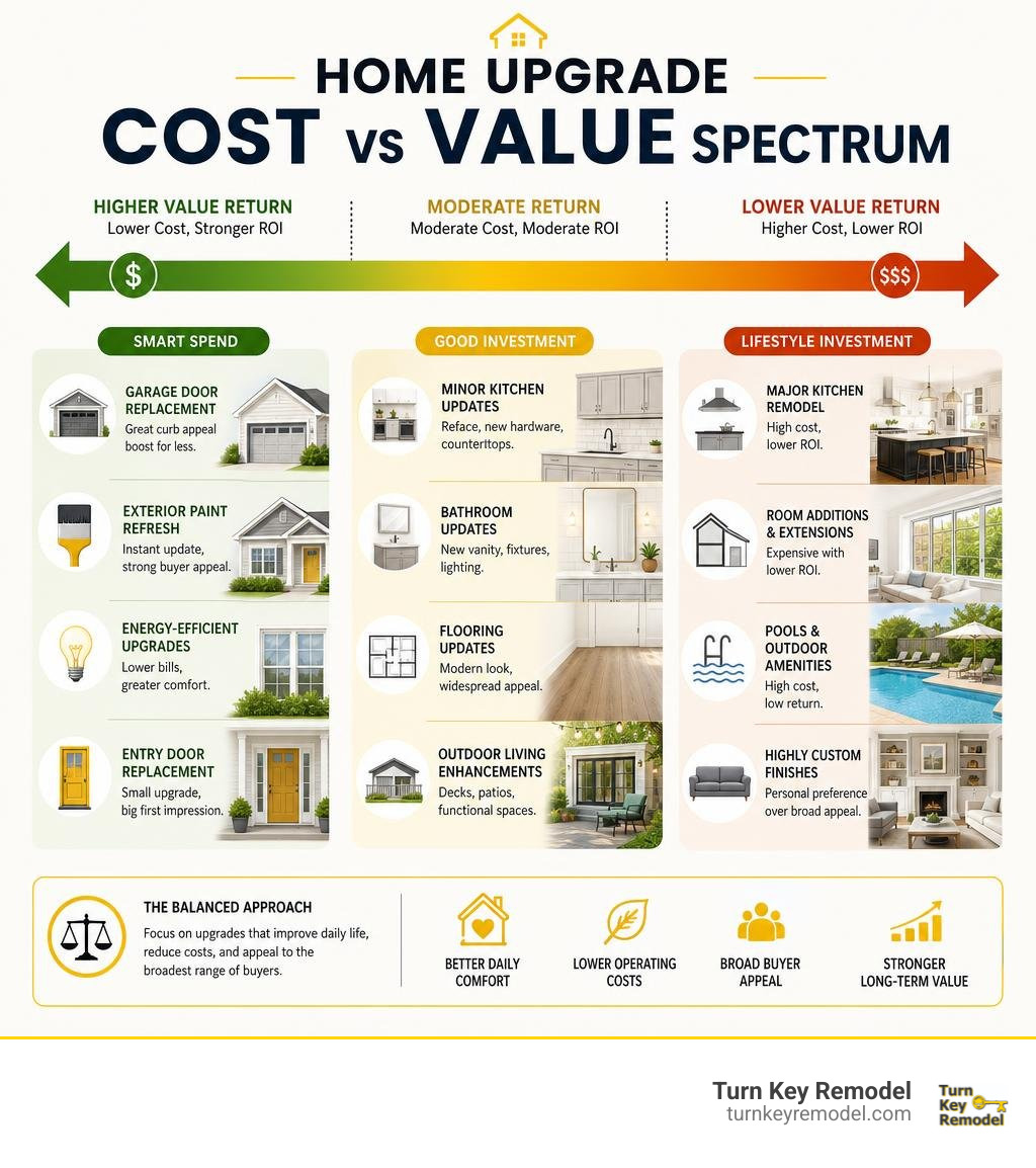 Home upgrade cost versus value spectrum infographic Home upgrade cost versus value spectrum infographic
