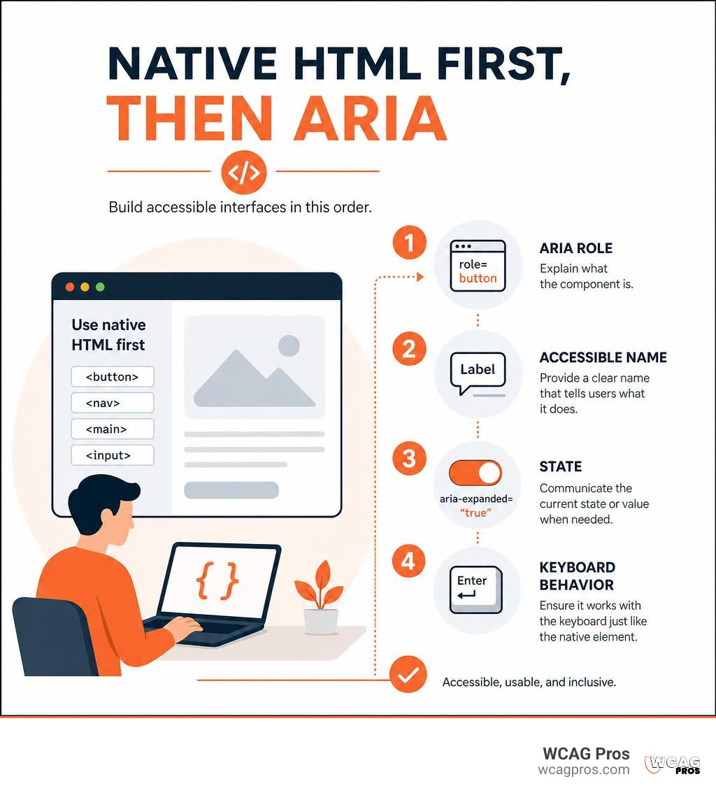 Native HTML first, then ARIA role, accessible name, state, and keyboard behavior infographic Native HTML first, then ARIA role, accessible name, state, and keyboard behavior infographic