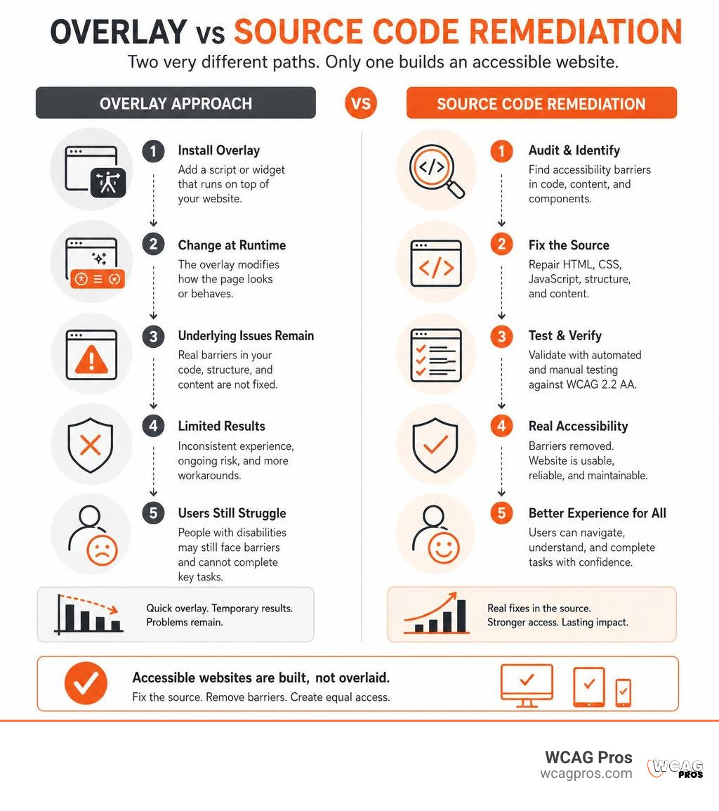 Overlay versus source code remediation steps infographic Overlay versus source code remediation steps infographic