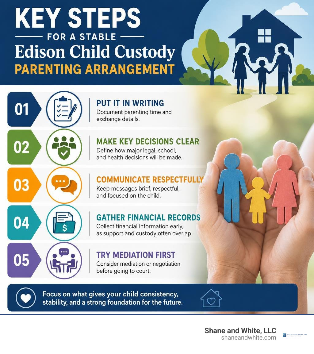 Key steps for a stable Edison child custody parenting arrangement infographic