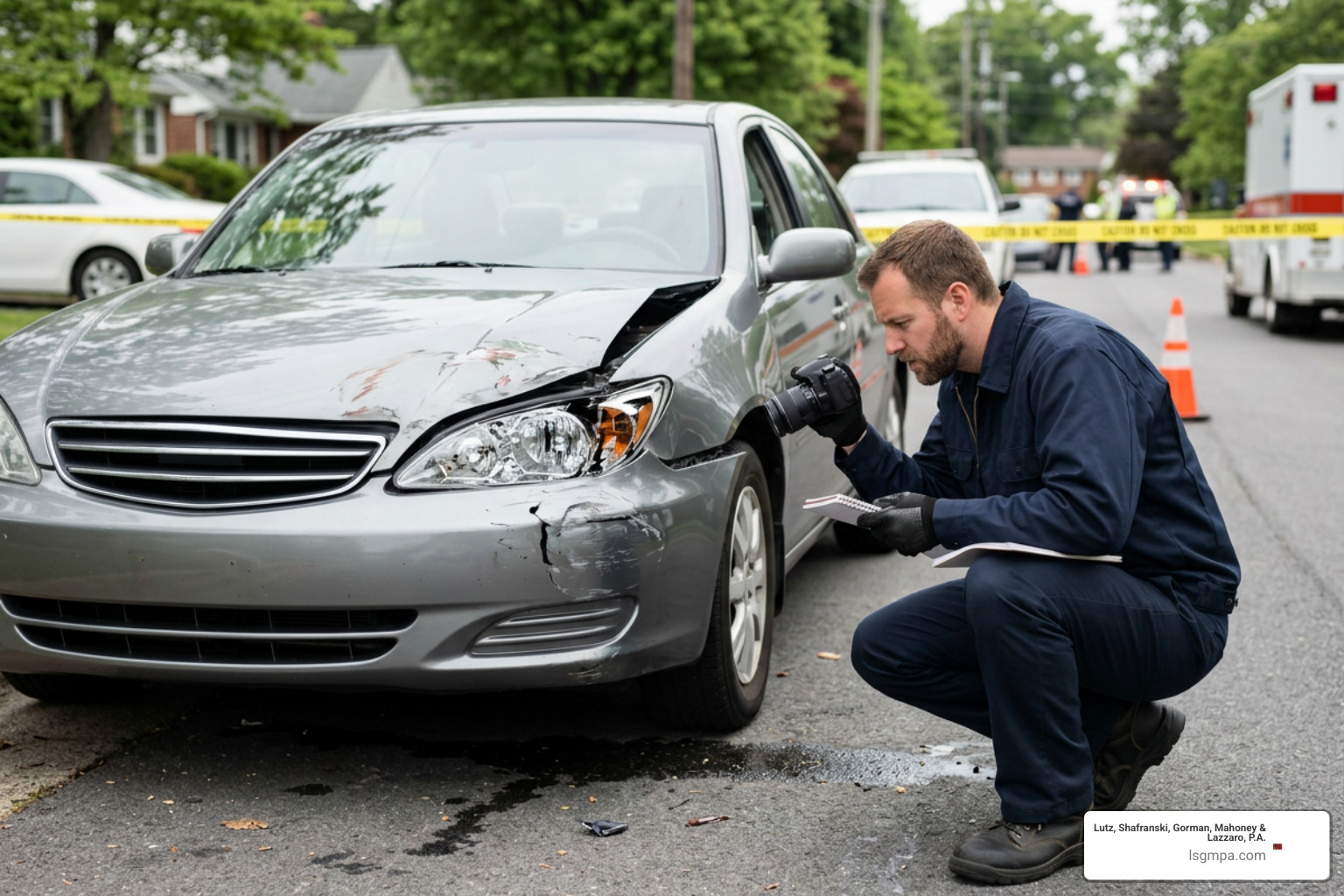 investigator examining car crash damage investigator examining car crash damage