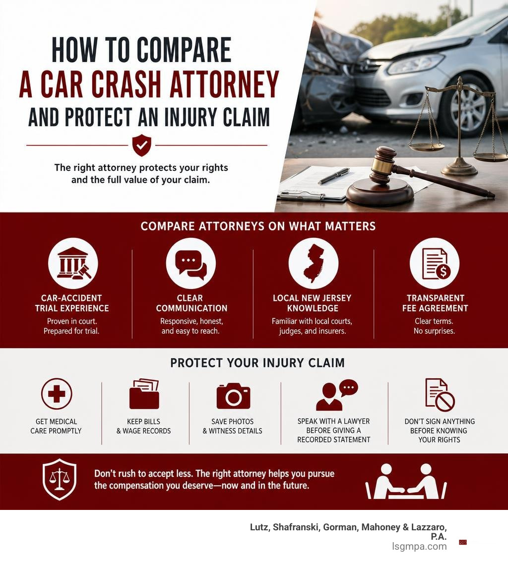 How to compare a car crash attorney and protect an injury claim infographic How to compare a car crash attorney and protect an injury claim infographic