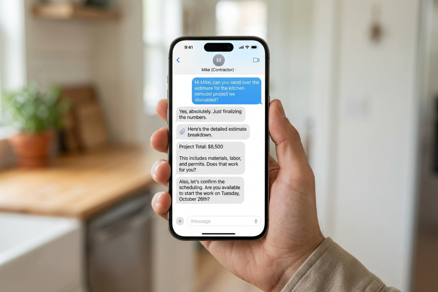 mobile device displaying clear contractor estimate text message mobile device displaying clear contractor estimate text message