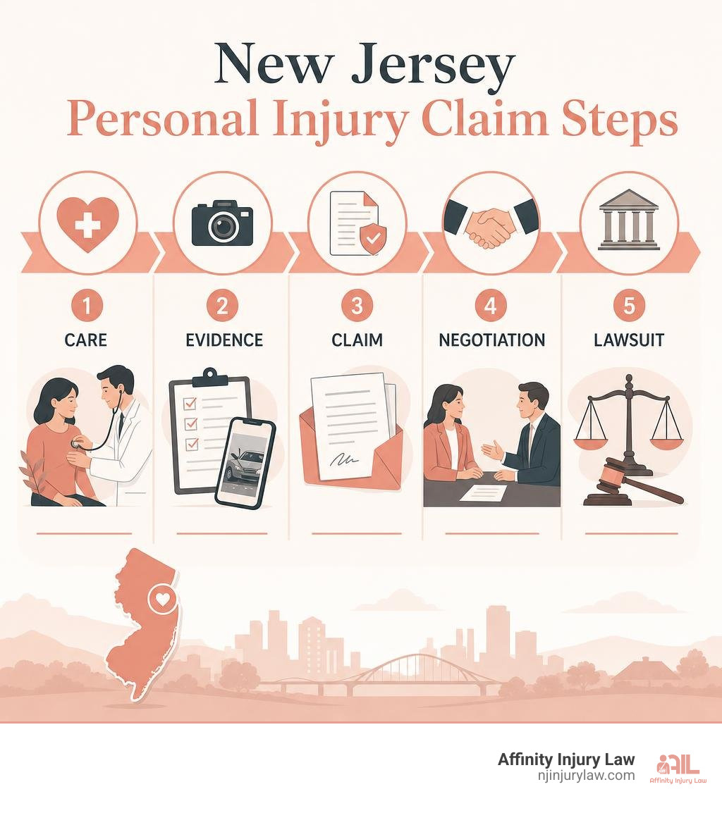 New Jersey personal injury claim steps: care, evidence, claim, negotiation, lawsuit infographic