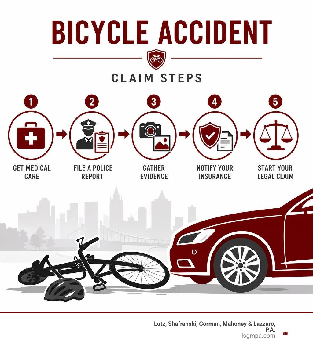 Bicycle accident claim steps: medical care, police report, evidence, insurance, legal claim infographic