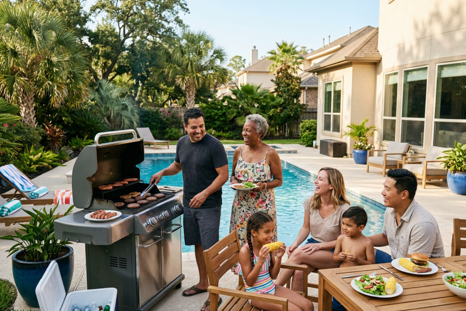 diverse family enjoying sunny afternoon pool deck barbecue in Houston diverse family enjoying sunny afternoon pool deck barbecue in Houston