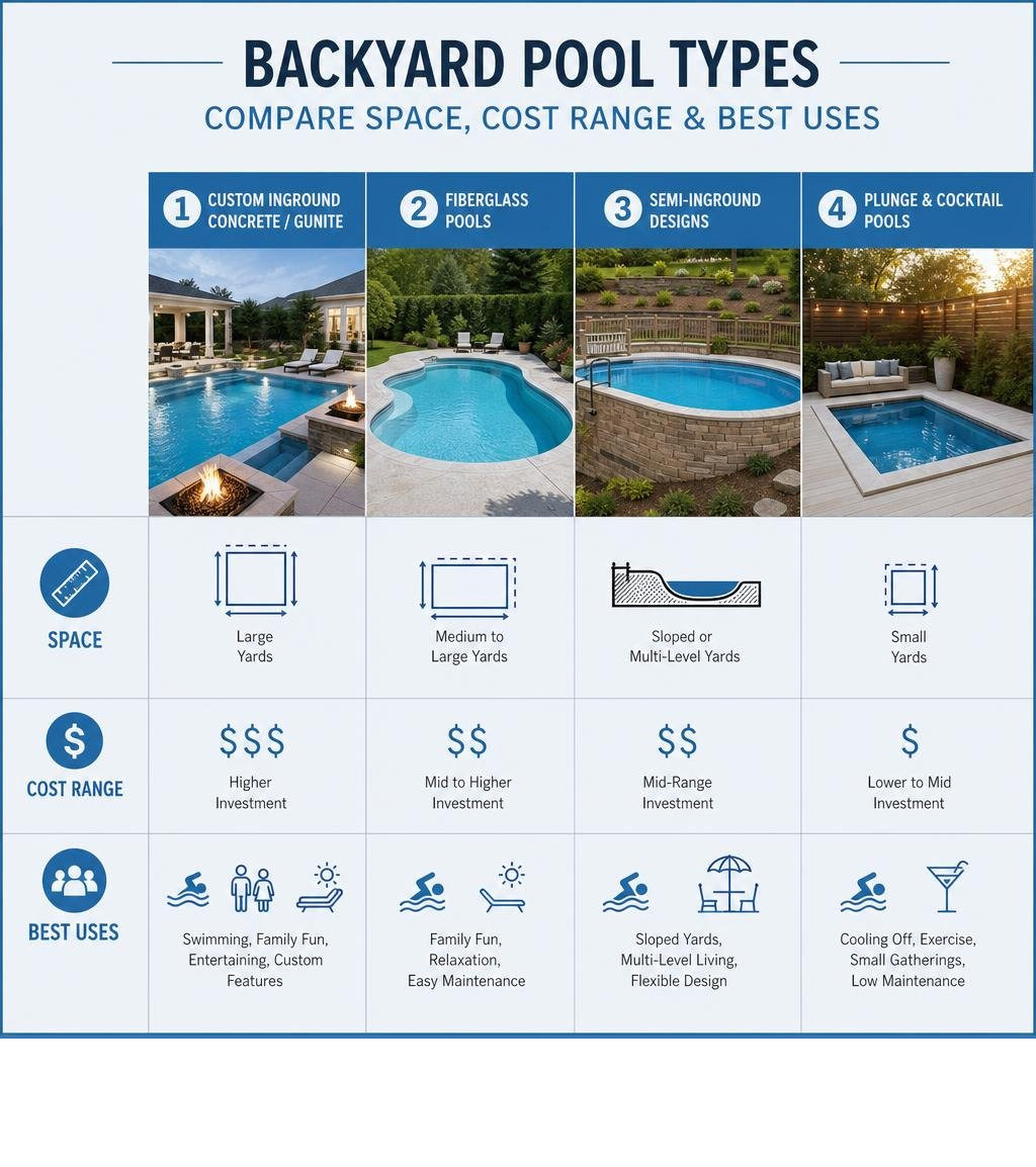 Backyard pool types comparing space, cost range, and best uses infographic Backyard pool types comparing space, cost range, and best uses infographic