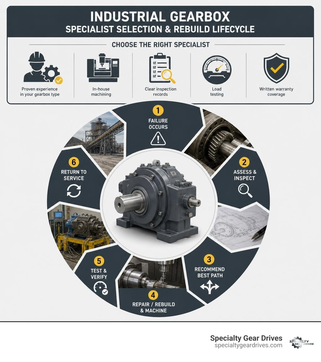 Industrial gearbox specialist selection and rebuild lifecycle infographic Industrial gearbox specialist selection and rebuild lifecycle infographic