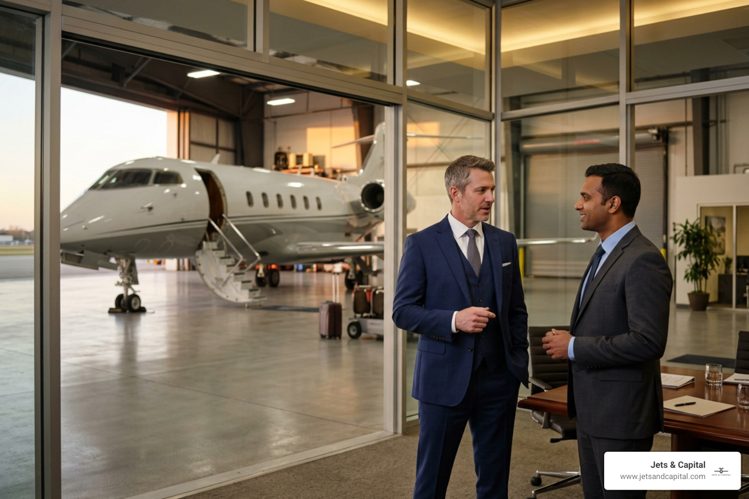 Investor conversation inside a luxury aviation venue Investor conversation inside a luxury aviation venue