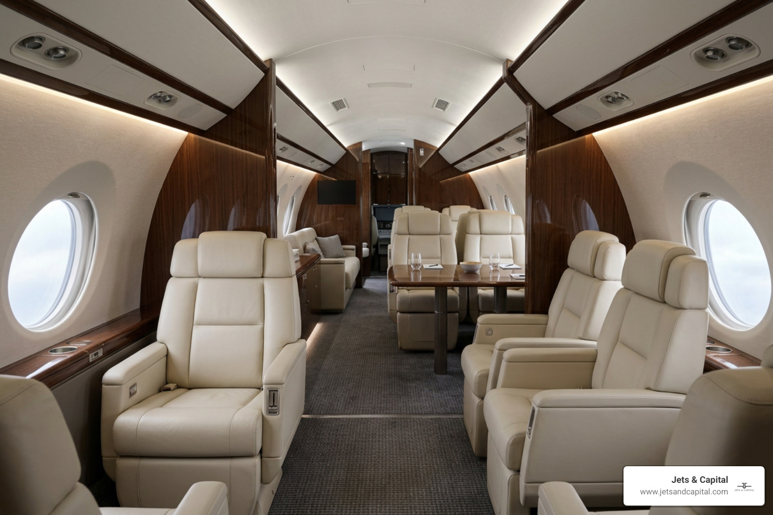 Modern ultra long range business jet cabin interior layout Modern ultra long range business jet cabin interior layout