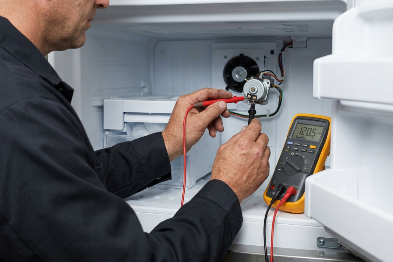 Multimeter testing GE refrigerator evaporator fan motor Multimeter testing GE refrigerator evaporator fan motor