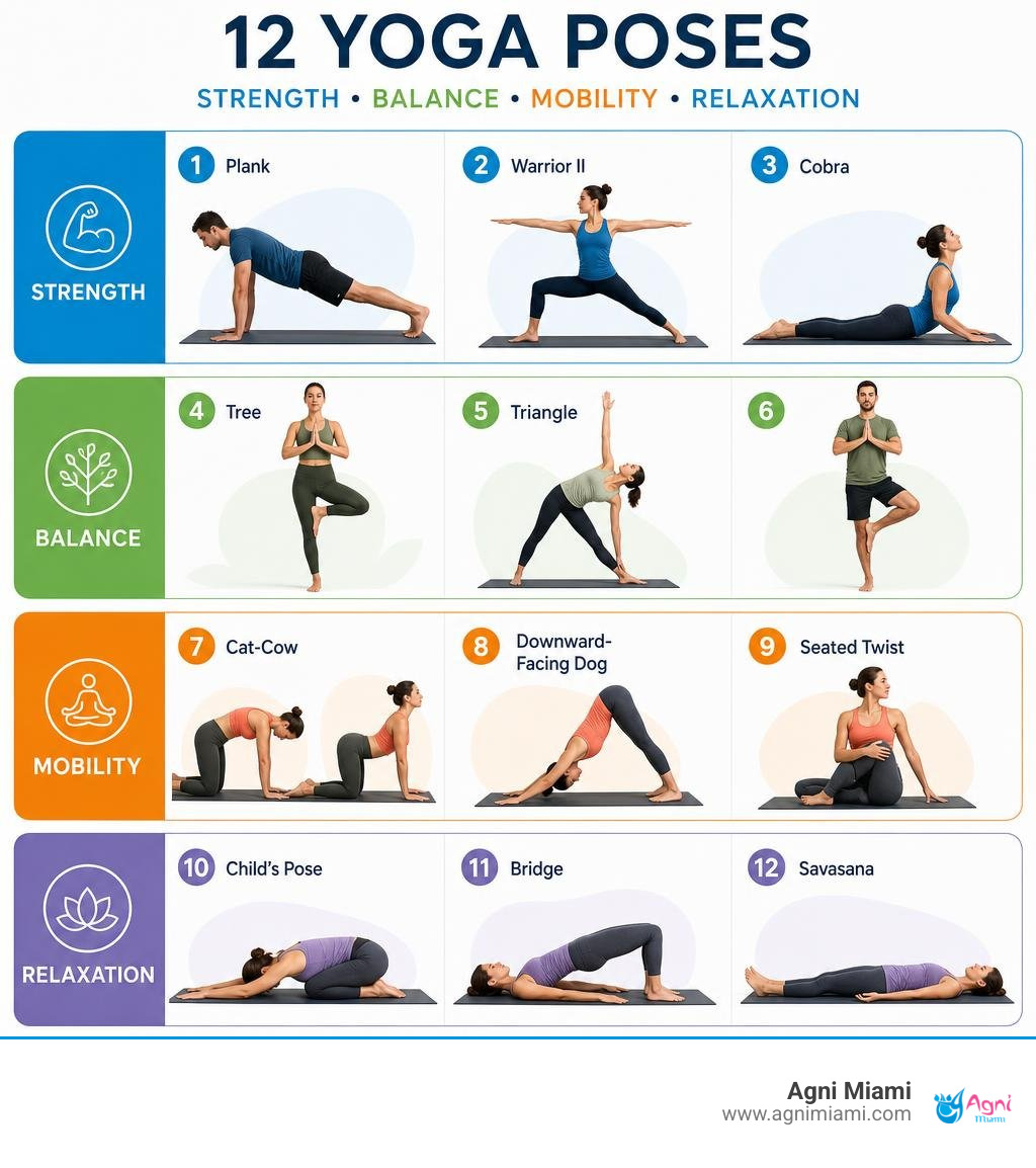Infographic of 12 yoga poses grouped by strength balance mobility and relaxation infographic Infographic of 12 yoga poses grouped by strength balance mobility and relaxation infographic