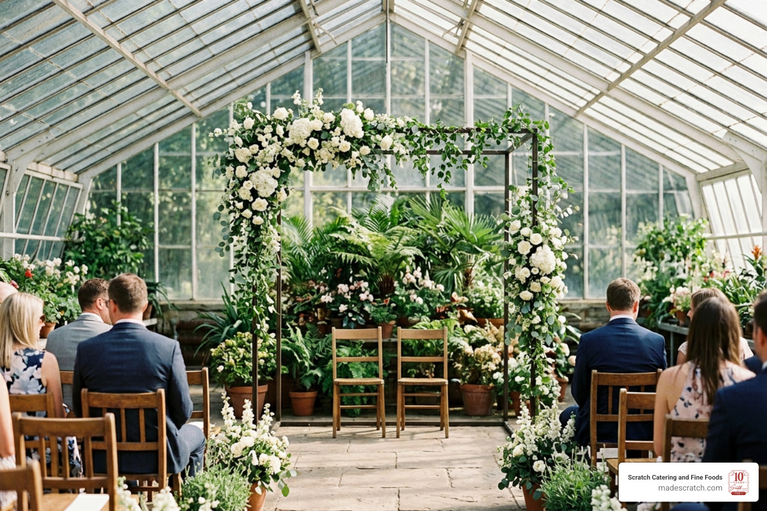 glass greenhouse wedding altar surrounded by botanical greenery