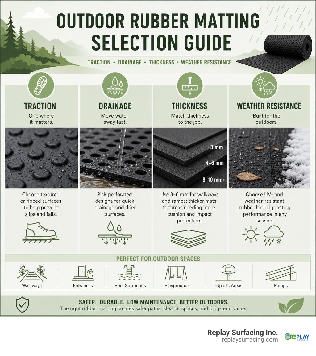 Outdoor rubber matting selection guide for traction drainage thickness and weather resistance infographic