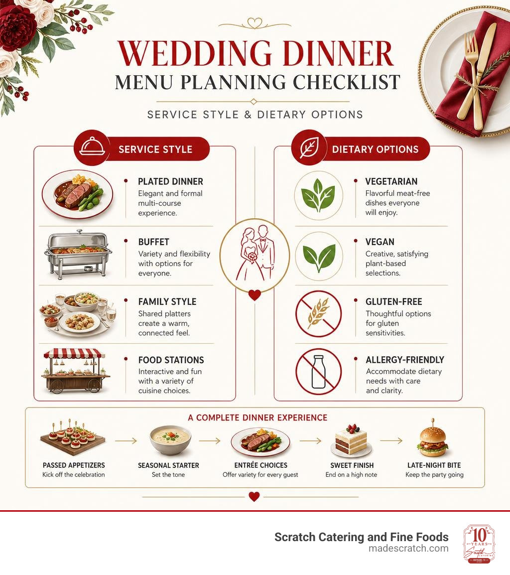 Wedding dinner menu planning checklist with service style and dietary options infographic
