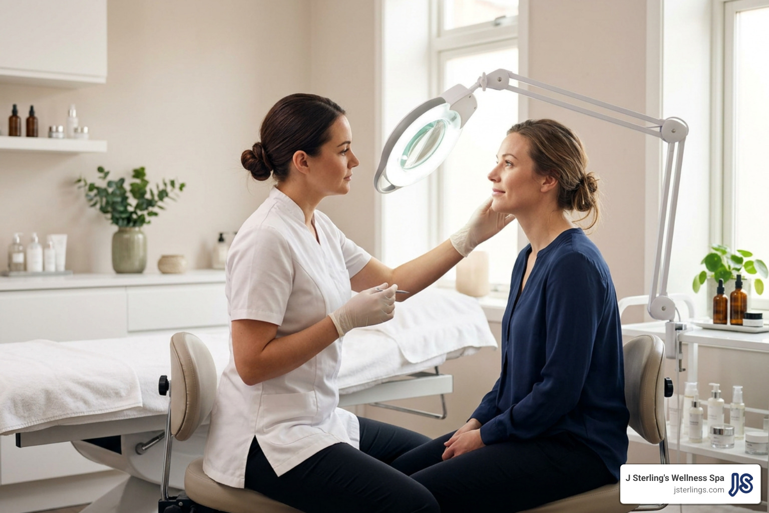 esthetician performing a client skin consultation