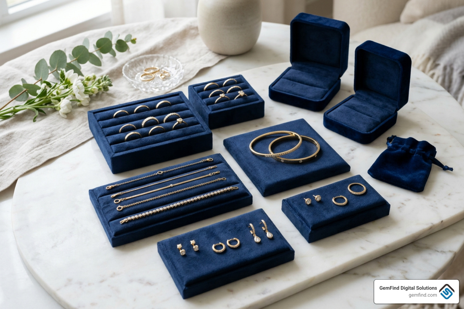 Cohesive fine jewelry collection display with custom luxury packaging