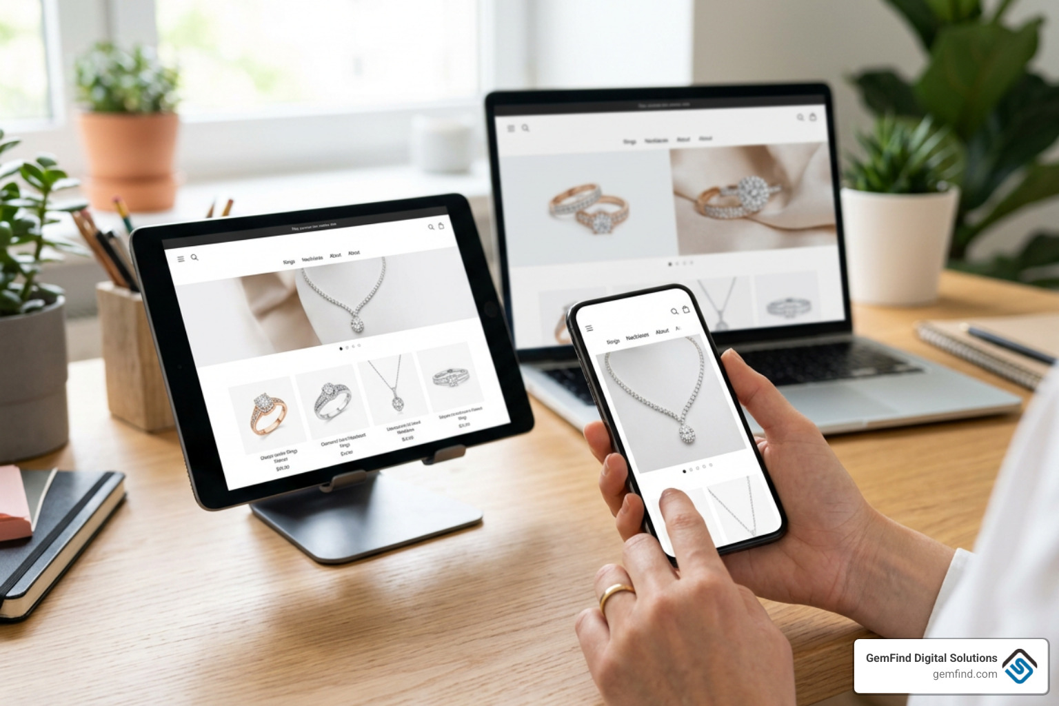 Modern responsive jewelry e-commerce store displayed across digital devices