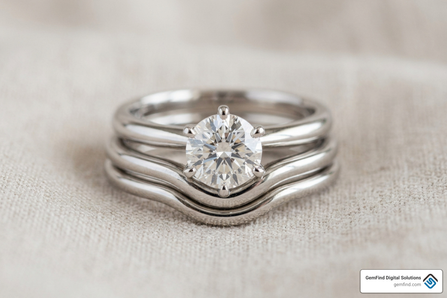 Interlocking contour bands sitting flush against an engagement ring setting