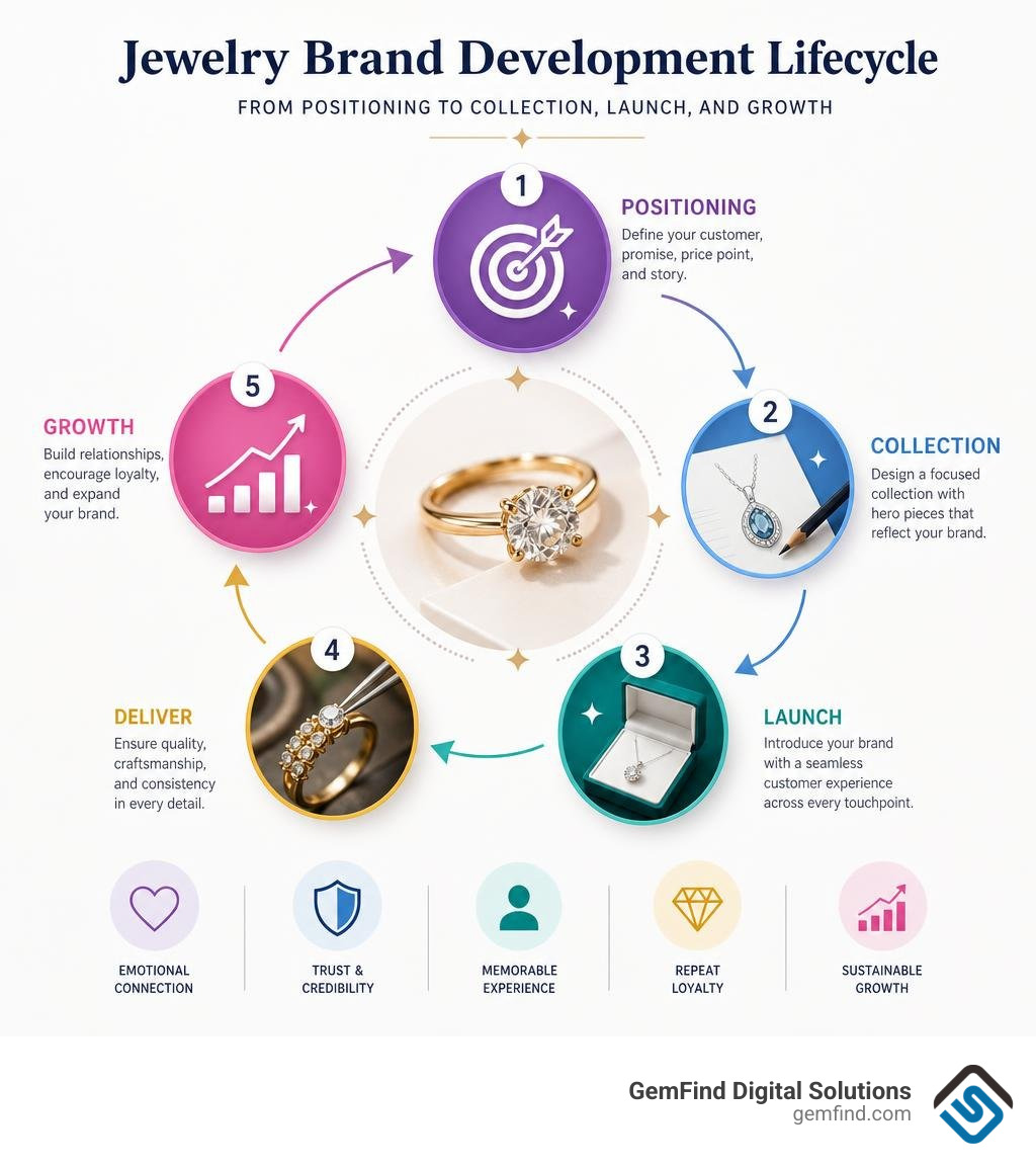Jewelry brand development lifecycle from positioning to collection, launch, and growth infographic