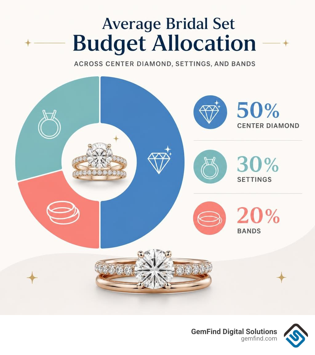 Average bridal set budget allocation across center diamond, settings, and bands infographic