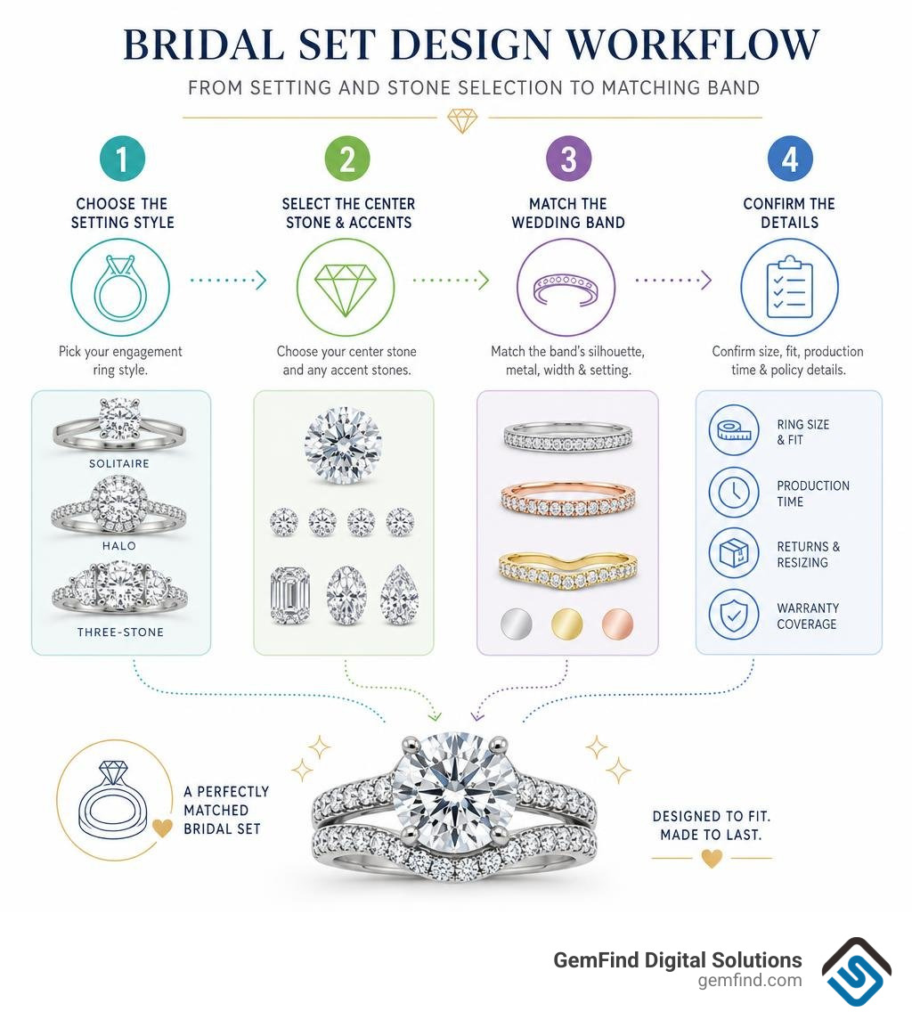 Bridal set design workflow from setting and stone selection to matching band infographic