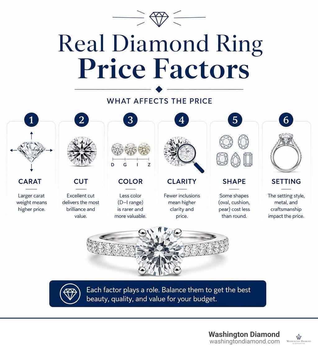 Real diamond ring price factors: carat, cut, color, clarity, shape, and setting infographic