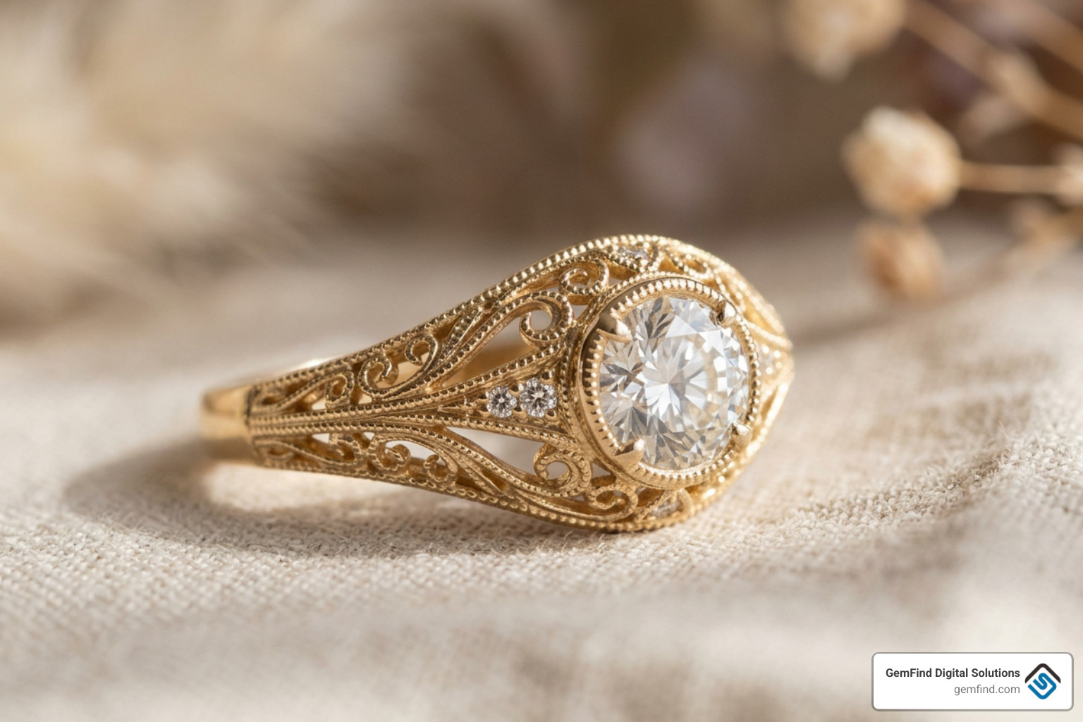 Handcrafted vintage filigree diamond engagement ring
