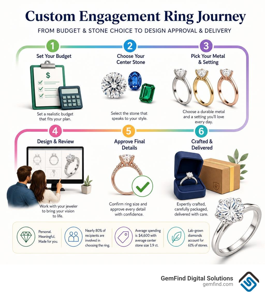 Custom engagement ring journey from budget and stone choice to design approval and delivery infographic