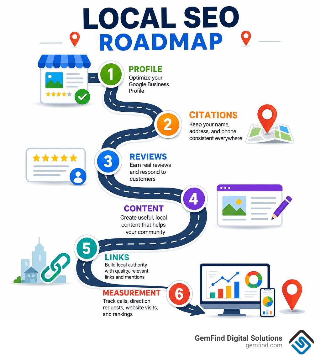 Local SEO roadmap: profile, citations, reviews, content, links, and measurement infographic