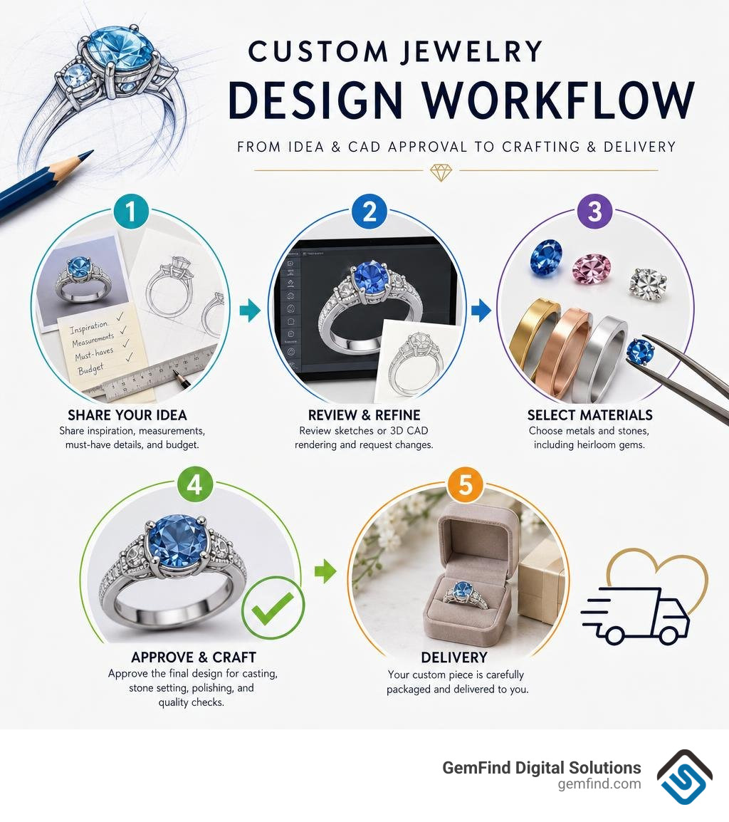Custom jewelry design workflow from idea and CAD approval to crafting and delivery infographic