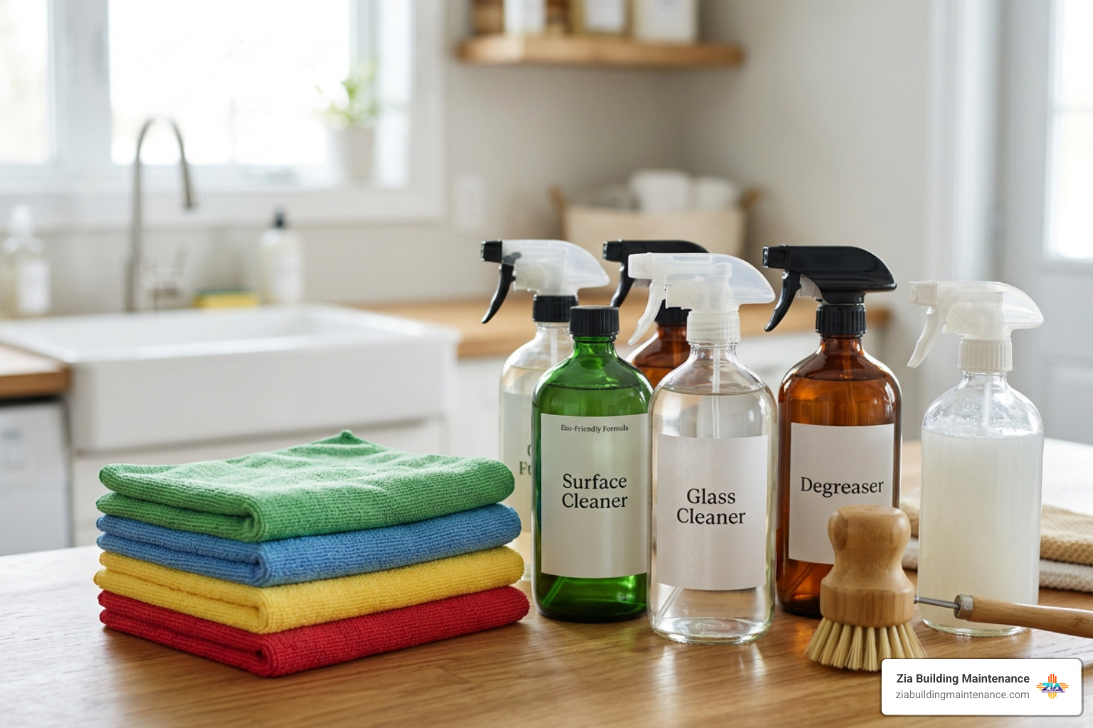 Eco-friendly cleaning supplies with color-coded microfiber cloths Eco-friendly cleaning supplies with color-coded microfiber cloths