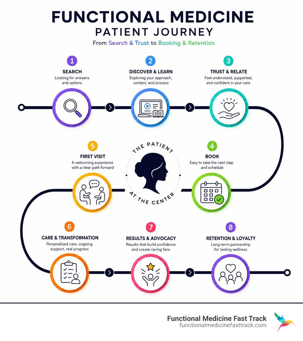 Functional medicine patient journey from search and trust to booking and retention infographic Functional medicine patient journey from search and trust to booking and retention infographic